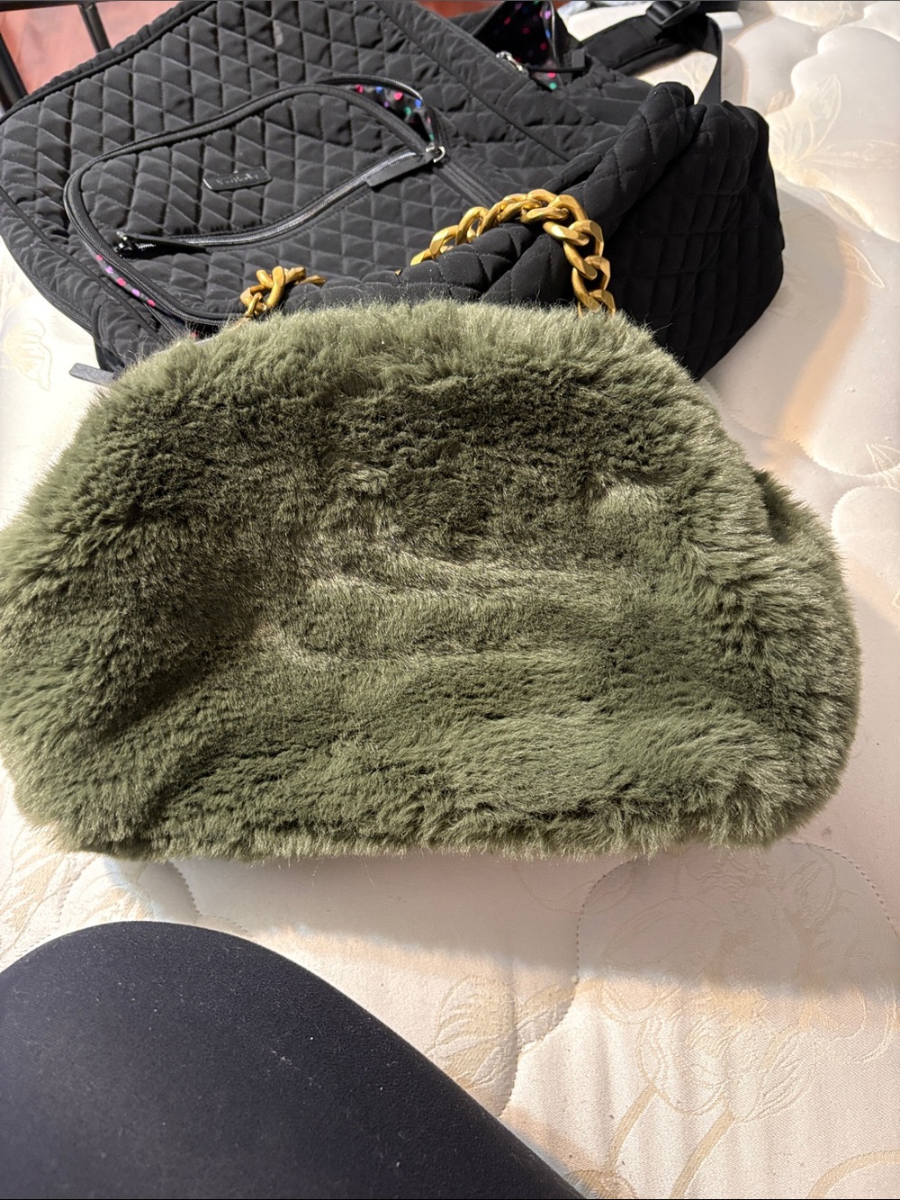 Faux Fur Top-Handle Bag with Gold Chain - Olive Green